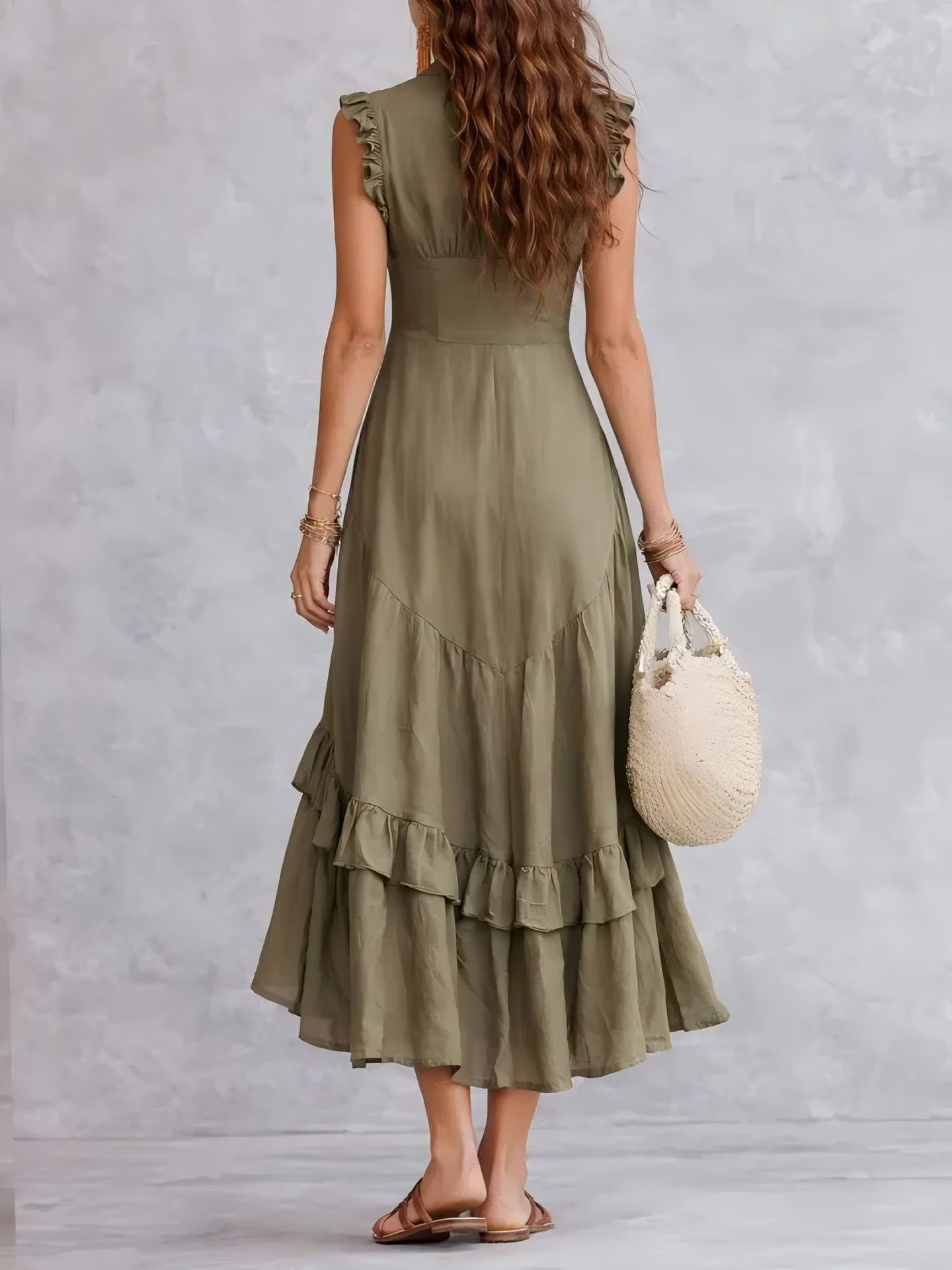 Boho Flowy Sleeveless Maxi Dress V-Neck Button-Front Ruffle Hem A-Line Skirt